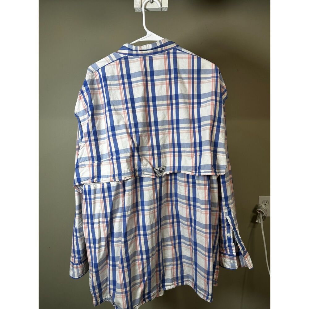 Columbia PFG Super Bonehead Plaid Fishing Shirt XXL White Pink Blue L/S EUC